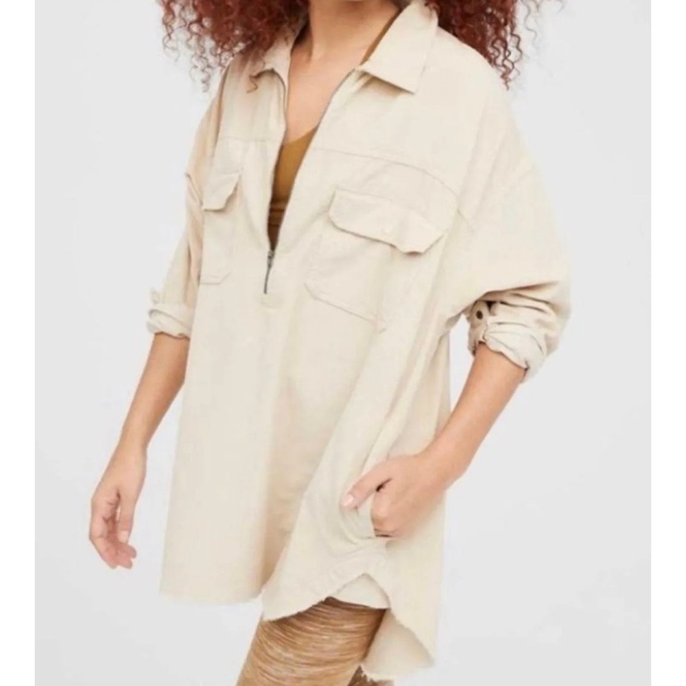 aerie Oversized Half-Zip Shirt Jacket in Cream